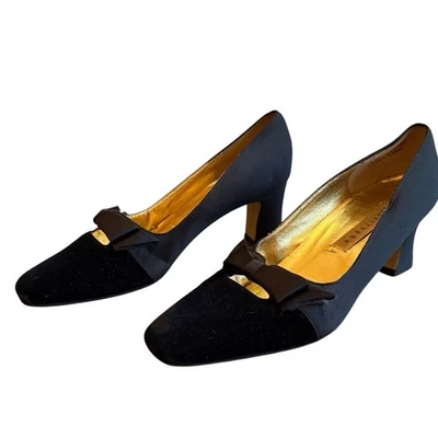 Туфли-лодочки Apostrophe 90-е с черным бантом и удлиненным носком на блочном каблуке размер 7 - Изображение 1 из 4