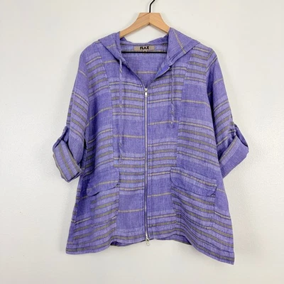 FLAX Linen Striped Hoodie Jacket Womens S Roll Tab Sleeves Lagenlook Coastal - Image 1 of 4