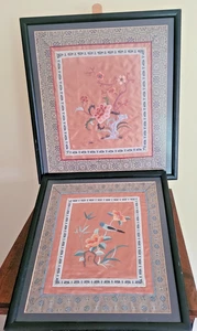 Vintage Chinese Silk Embroidered Framed Picture Panels Oriental x 2-Floral/Birds - Picture 1 of 9