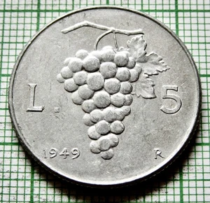 ITALY 1949 5 LIRE, GRAPE CLUSTER & Female Head with Torch, ALUMINIUM km# 89 - Picture 1 of 6