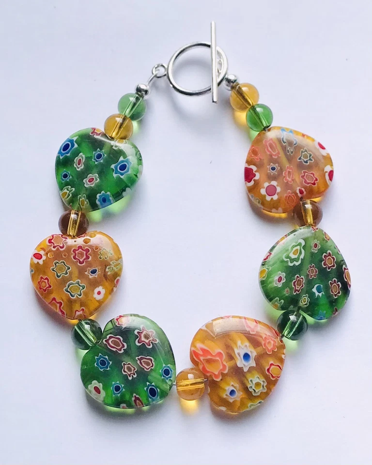 Impresionante Pulsera Corazón Vidrio Millefiori Naranja Esmeralda 1 Foto 1 de 1