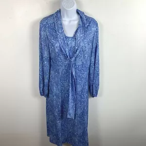 Vintage Sherri Lynn Womens Dress Sz 14 Blue White Paisley Long Sleeve Midi - Picture 1 of 12