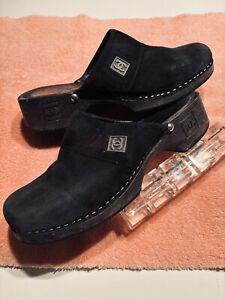 c 1990s Authentic Vintage Chanel CC Logo Black Suede Clogs . sz 7 Designer Shoes