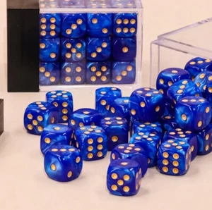 NEW Dice Cube Set of 36 D6 (12mm) - Pearl Blue w/yellow pips - Picture 1 of 2