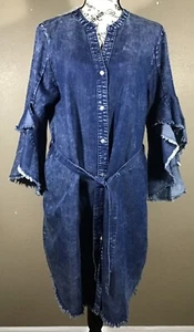 NWT Given Kale Dress Womens M Acid Chambray Full Button Belted Bell Sleeve C1 - Picture 1 of 12