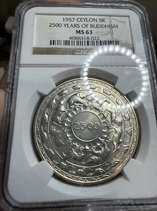 1957 Ceylon 2500 Year Of Buddhism 5 Rupee NGC MS63 - Picture 1 of 7