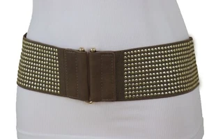 Women Brown Elastic Casual Day Wear Belt High Waist Hip Gold Metal Dots Size S M - Picture 1 of 12