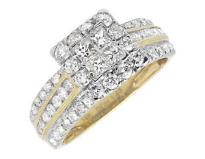 14k Yellow Gold Princess Cut Bridal 3 Row Diamond Engagement Wedding Ring 1.48ct