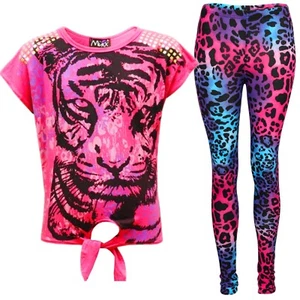 New Girls Tiger Face Print Party Fashion Top T Shirt & Leopard Legging Set 7-13 - Picture 1 of 7