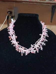 Pink Seedbead Natural Stone Chip Multi Strand Necklace 16 Inch Bib Collar - Picture 1 of 7
