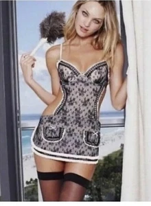Victorias Secret Sexy Little Thing Lingerie 34C Milk Maid Apron Pink Black Lace - Picture 1 of 9