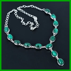 Halloween Deal 925 Sterling Silver Oval Natural Malachite Bezel Chain Necklace - Picture 1 of 11