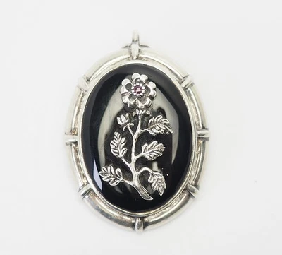 Vintage Art Déco Stile Argento Sterling Onice Fiore Dettaglio Spilla O Ciondolo - Immagine 1 di 3