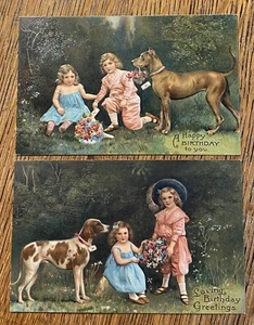 SET Menge 2 JUNGE MÄDCHEN schöner HUND Vintage alte Postkarten - Bretagne & Deutsche Dänin! - Bild 1 von 2