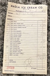 1964 Maola Ice Cream Receipt Delivery Invoice Vintage Original Washington NC - Picture 1 of 4