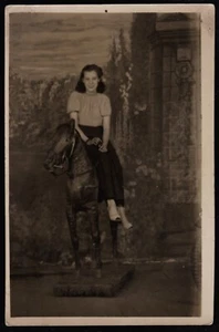 Woman On Wooden Horse Photo Charles Howell Pleasure Beach Blackpool Postcard - Picture 1 of 2