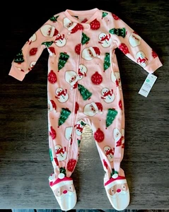 NWT CARTER'S BABY GIRL'S SANTA Snowman CHRISTMAS HOLIDAY PINK Footed PAJAMAS - Picture 1 of 5