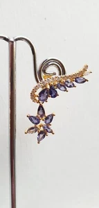 Solid Sterling Silver 925 Natural Iolite Earrings 18K Yellow Gold-Plated NEW - Picture 1 of 6