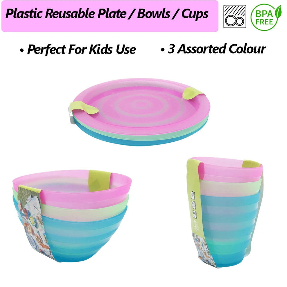 3Pcs Plastic Re-usable Plates Cups Salad Bowls Kitchen Kids Party Event BPA Free - image 1 of 1