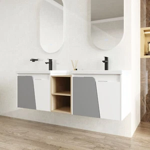 60" Bathroom Vanity Wall Mounted Cabinet Sink Basin /Doors with Storage Shelves - Picture 1 of 12