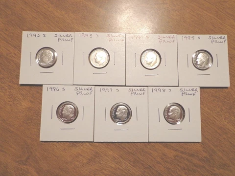 1992 1993 1994 1995 S 1996 S 1997 1998 S Silver Proof Roosevelt Dime 7 Coin Set Cover