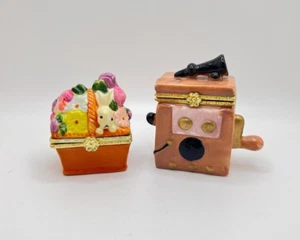 Lot of 2 Ceramic Trinket Boxes Flower Basket Telephone Goldstone collection - Picture 1 of 6