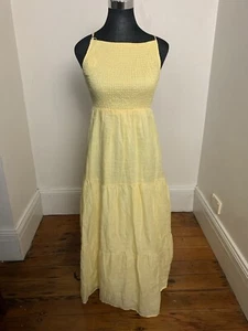 AERE Square Neck Shirred Linen Midi Dress With Strappy Back Size 8 Lemon Yellow - Picture 1 of 8