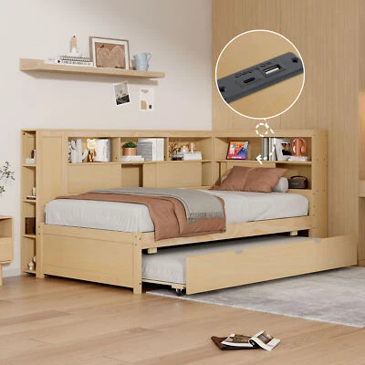 Sofá cama cama de madera tamaño doble con estantes de almacenamiento cabecero/nido natural Foto 1 de 4