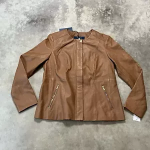 Cole Haan Leather Jacket Womens Large Hazelnut Brown Collarless Moto Lambskin - Picture 1 of 12