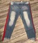 VIP JEANS blau Denim rot gestreift Distressed asymmetrisch roher Saum geschnittene Jeans 18