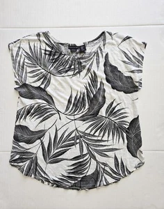 TAHARI 100% Linen Short Cap Sleeve Top XL Round Hem White Black Leaves Print EUC - Picture 1 of 6