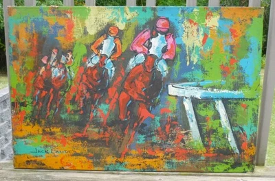 Pintura original vintage de mediados de siglo Jack Lauder carreras de caballos 36x24 *DAÑOS* Foto 1 de 4