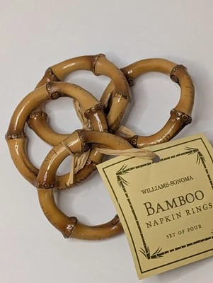 Anillos de servilleta de bambú natural William-Sonoma, juego de 4 anillos de servilleta nuevos con etiquetas Foto 1 de 4