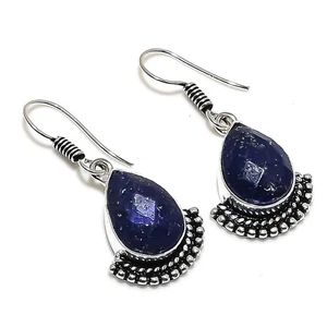 Lapis Lazuli Gemstone Handmade 925 Sterling Silver Jewelry Earring Size 1.45" - Picture 1 of 1