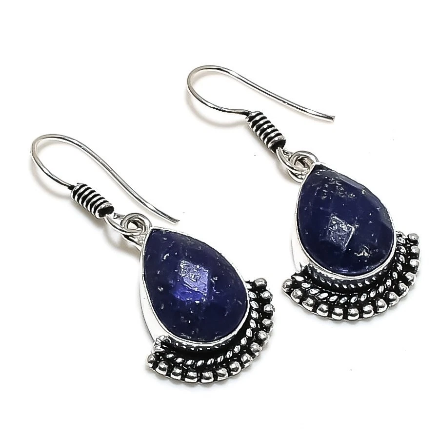 Lapis Lazuli Gemstone Handmade 925 Sterling Silver Jewelry Earring Size 1.45" - Image 1 of 1