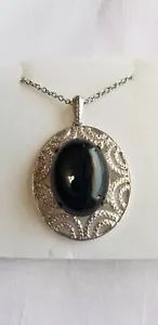Large Black Obsidian Stone Pendant Necklace Stainless Steel - Picture 1 of 6