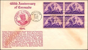 Scott 898 3 Cents Coronado Crosby FDC Unaddressed Block Planty 898-32 - Bild 1 von 2