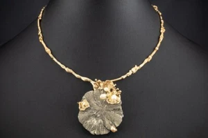 Schmuck Ehinger Schwarz Collier Kette Brosche mit Pyrit Sonne Perlen 585er Gold - Bild 1 von 7
