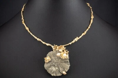 Schmuck Ehinger Schwarz Collier Kette Brosche mit Pyrit Sonne Perlen 585er Gold - Bild 1 von 4