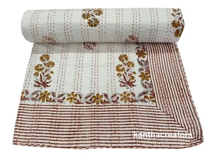 Indian Hand Stitch Kantha Blanket Handmade Floral Print Bedspread Cotton Quilt - Picture 1 of 8