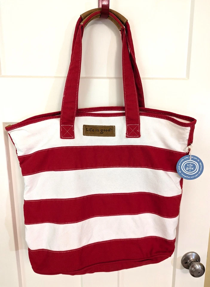 Bolso de Mano Life is Good de Lona a Rayas Rojo y Blanco, Etiqueta Colgante Original Foto 1 de 4
