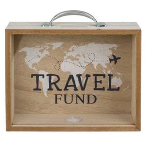 Holz Spardose Sparkästchen Travel Fund Reisekasse Koffer Urlaub Sichtfenster - Bild 1 von 2