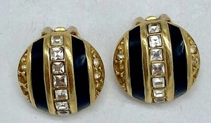 Vintage Chr. Dior Swarovski Kristall Goldfarben Schwarz Emaille Knopf Clip Ohrringe - Bild 1 von 7