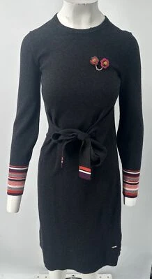 Ted Baker Margira dark gray sweater dress stripe trim flower pin tie waist sz 0 - Image 1 of 4