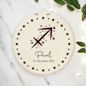 Sternzeichen Name Schild Geburt Taufe Geschenk personalisiert Holz Rund Gravur - Bild 1 von 37