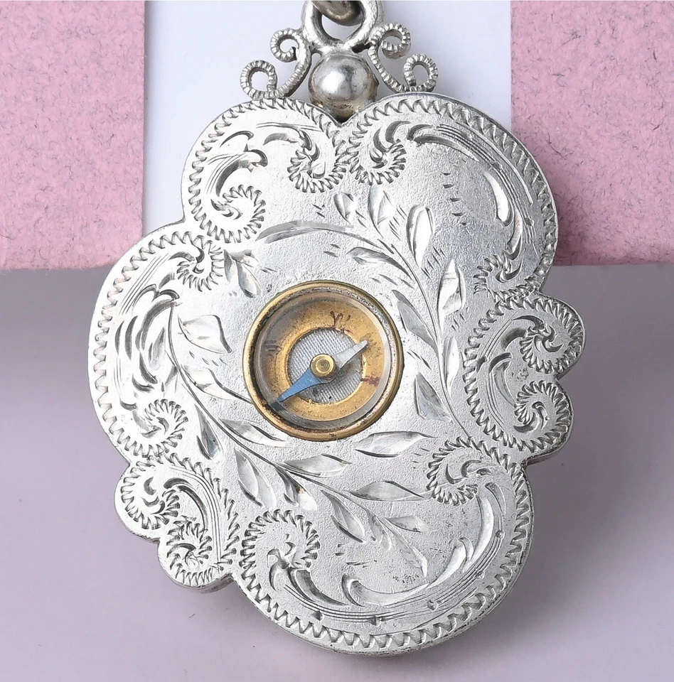 Antique Victorian 2" Large Silver Rose Gold Plate Compass Watch Fob Pendant Foto 1 de 1