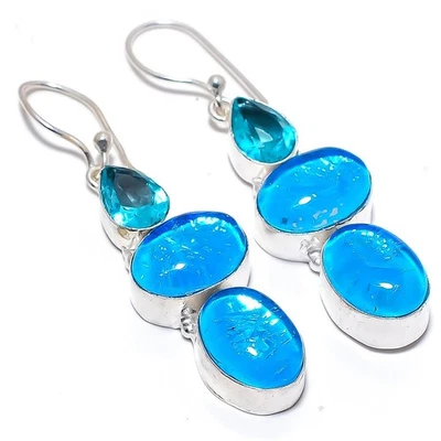 Triplet Fire Opal, Blue Topaz Gemstone 925 Sterling Silver Jewelry Earring 2.4" - Image 1 of 4