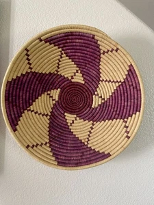 African Style tribal 15” Purple/Blue/Tan Handwoven Basket - Picture 1 of 14
