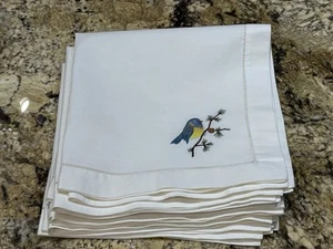 Embroidered Henry Handwork Dinner Napkins Blue Bird Motif Collectible Set Of 8 - Picture 1 of 7