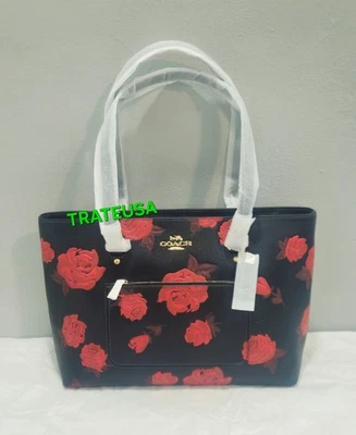 NWT Coach Station Tote Bag With Floral Print CCE23 Black Red Packed - Image 1 of 4